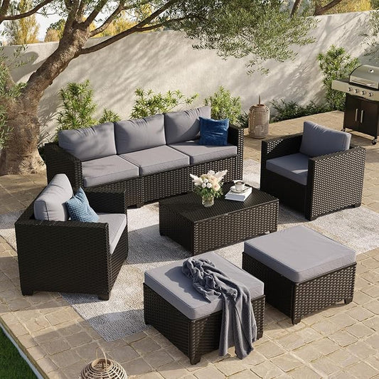 Aoxun 8 Piece Outdoor Patio Furniture Set 7 Seats, Outdoor Sectional with Waterproof Cushions, Patio Conversation Sets for Garden,Backyard, Deck, Porch, Black & Grey