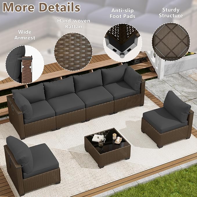 LOUVIXA 7 Piece Outdoor Patio Furniture Set, Outdoor Sectional Sofa, Wicker Rattan Patio Furniture, Patio Conversation Set with Coffee Table & Cushions