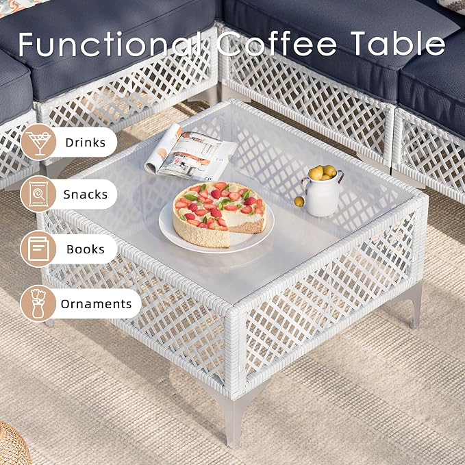 Vikiullf Patio Conversation Set, 7 Piece Outdoor Sectional Sofa Set with Coffee Table, White Wicker with Grey Cushions (White and Grey, 7 piece)