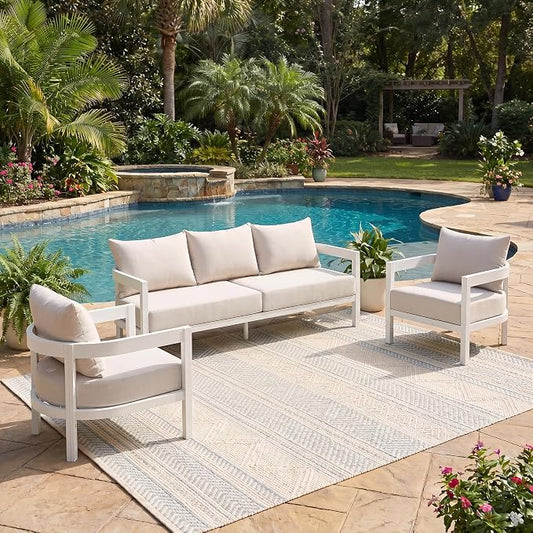 Christopher Knight Home Lula 5-Seater Patio Furniture Set, 3 Piece Outdoor Conversation Set with Cushion, 3 Seater Sofa and 2 Club Chairs, Aluminum Outdoor Sectional Sofa Set, White+Beige