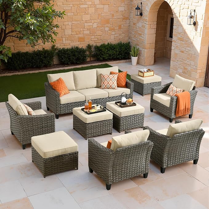 CAODOC Patio Furniture Set, 7 Pieces Outdoor Wicker Rattan Sofa Couch with 4 Chairs, Ottomans and Comfy Cushions, All Weather High Back Conversation Set Garden Backyard, Brown Rattan Beige Cushions