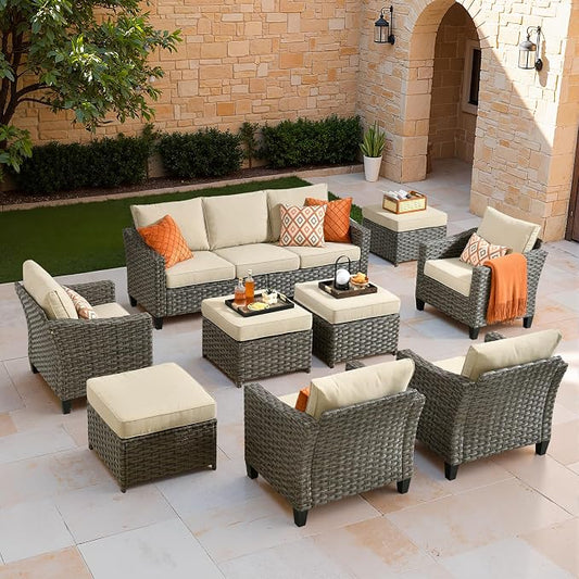 CAODOC Patio Furniture Set, 7 Pieces Outdoor Wicker Rattan Sofa Couch with 4 Chairs, Ottomans and Comfy Cushions, All Weather High Back Conversation Set Garden Backyard, Brown Rattan Beige Cushions