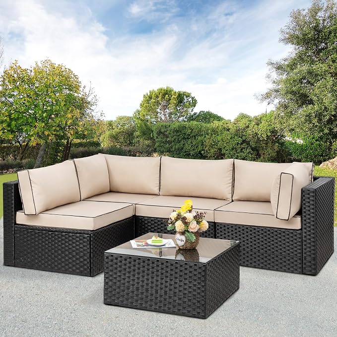 Patio Furniture Sets, 5 Piece Outdoor Sectional Sofas, Wicker Rattan Outdoor Furniture Patio Conversation Set, All-Weather PE Rattan Outdoor Couch for Backyard, Garden, Black & Khaki