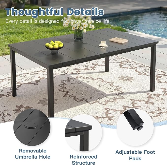 DIFY 7 Pieces Outdoor Dining Set, Metal Patio Table and Chairs Set for 6, 63" Rectangle Dining Table with Umbrella Hole & Wicker Stackable Patio Chairs with Cushions, Black Tabletop