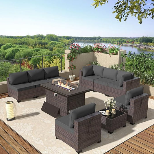 Patio Furniture Set with Fire Pit Table 10 Pieces Outdoor Sectional Sofa Set,PE Rattan Wicker Patio Conversation Set w/43in 55000 BTU Propane Fire Pit Table,Grey