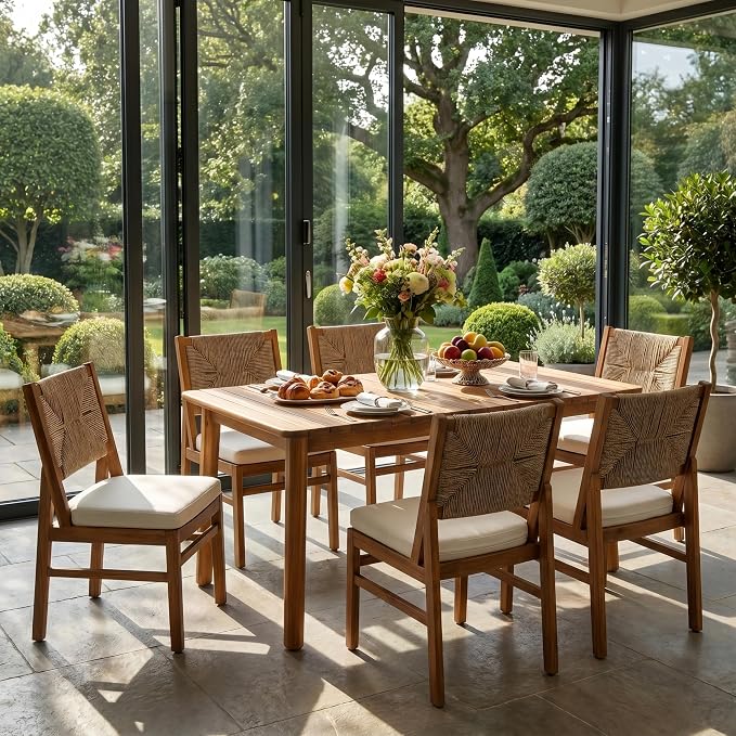 Christopher Knight Home Mave Acacia Wood Dining Table Set for 6, 7 Piece Patio Extendable Dining Table & Armless Chairs Set Of 6 with Cushion & Wicker Back, Patio Furniture Set, Cream+Light Brown+Teak