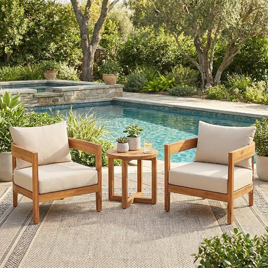 Christopher Knight Home Maze 3-Piece Acacia Wood Patio Furniture Set, Outdoor Conversation Club Chair Set with Coffee Table, Patio Chat Set for Backyard Balcony, Teak+Beige