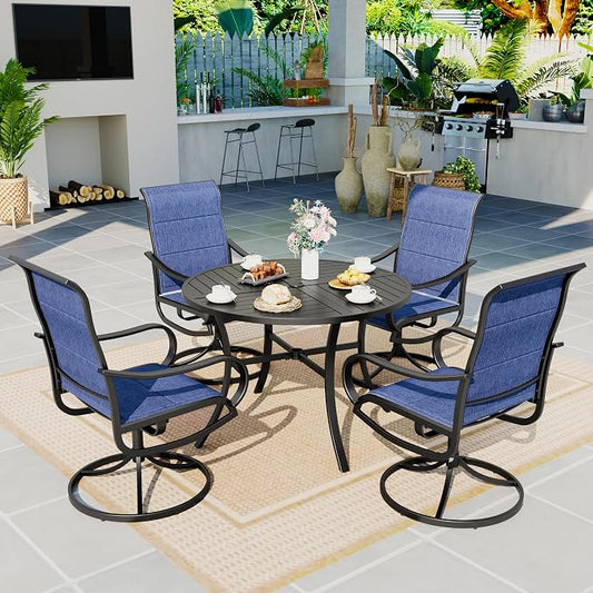 Sophia & William Patio Dining Set for 4, Round Table & Swivel Chairs, Blue | High-back & Padded, Umbrella Hole, Durable Material, Ergonomic design, Weather-resistant, Outdoor backyard deck, 5 Piece