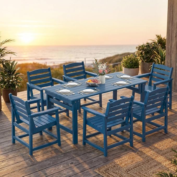Furnimart Outdoor Dining Table for 4-6 Person, 67" HDPE All-Weather Dining Table with Umbrella Hole, Oversized Patio Dining Set, Outdoor Furniture for Backyard, Garden, Lawn & Poolside, Rectangle Blue