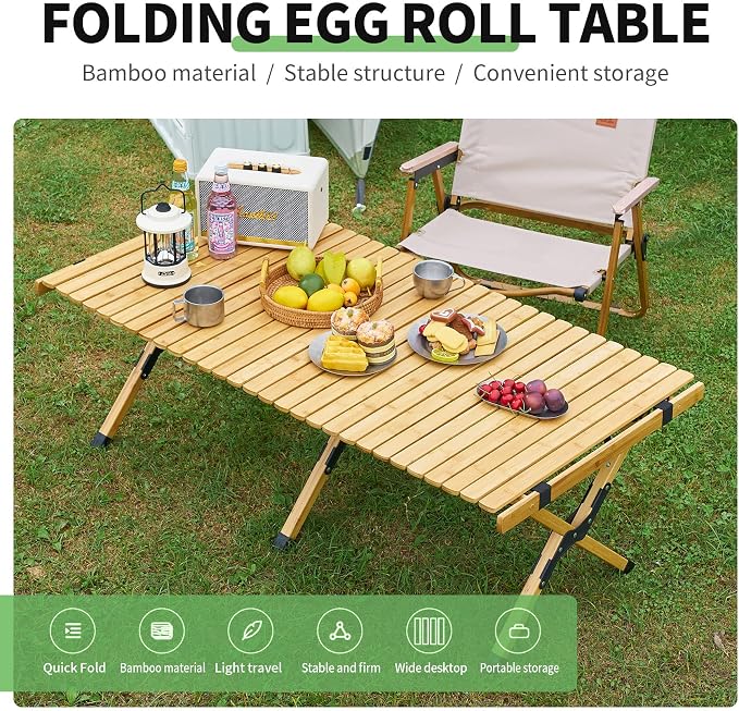 UNICOO –Bamboo Roll Up Picnic Table, Portable Camping Table W/Carry Bag, Low Height Foldable BBQ Top for Indoor & Outdoor Party, BBQ and Hiking (Natural, 4 FT)