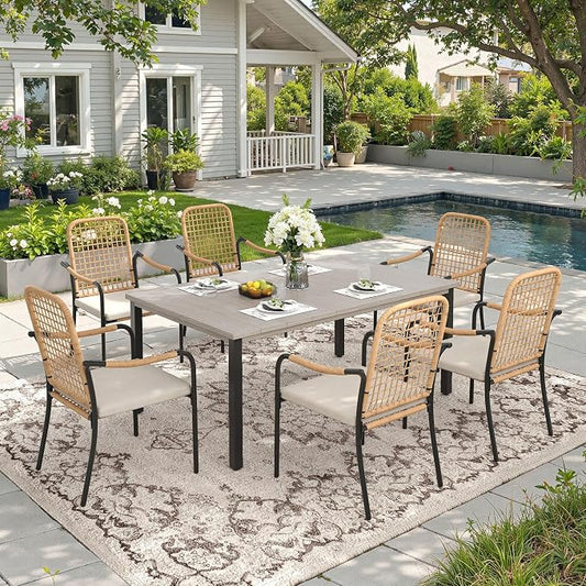 DIFY 7 Pieces Outdoor Dining Set, Metal Patio Table and Chairs Set for 6, 63" Rectangle Dining Table with Umbrella Hole & Wicker Stackable Patio Chairs with Cushions, Grey Wood-Like Tabletop