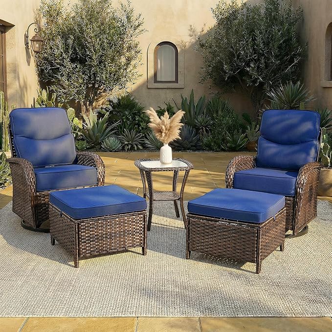Patio Furniture Set with Luxury 6" Cushions, 5 Pieces Swivel Rocking High Back Patio Chairs and Ottoman, Outdoor Wicker Conversation Set for Deck, Porch, Backyard, Poolside, Blue
