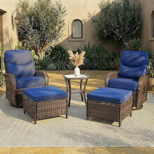 Patio Furniture Set with Luxury 6" Cushions, 5 Pieces Swivel Rocking High Back Patio Chairs and Ottoman, Outdoor Wicker Conversation Set for Deck, Porch, Backyard, Poolside, Blue