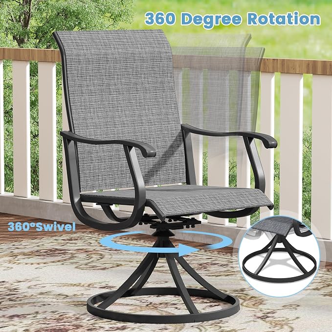 DIFY Outdoor Dining Set for 4, 5 Piece Patio Table and Chairs Set, Swivel Patio Dining Chairs with Dark Grey Textilene & 40.6" Black Round Metal Dining Table with Umbrella Hole, for Garden Backyard