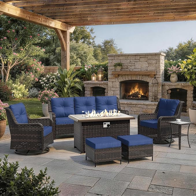 7-Piece Patio Furniture Set, Thick Wicker Outdoor Furniture Set with 2 Swivel Chairs, Outdoor Sectional Sofa with Fire Pit Table, Patio Conversation Set for Backyard, Porch, Deck, Dark Blue