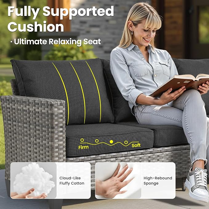 ovios 7 Pieces Patio Furniture Set with Rectangular Fire Pit Table, Swivel Rocking Chairs, Outdoor High Back Wicker Rattan Conversation Set for Deck Porch, Black
