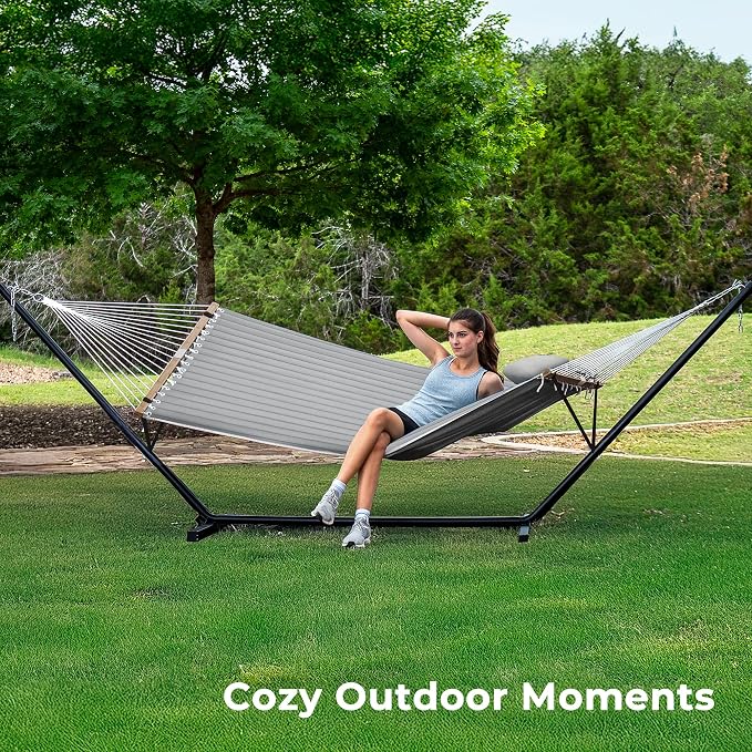 SUPERJARE Hammock with Stand, 2 Person Quilted Outdoor Hammock, Detachable Pillow & Bamboo Spreaders, Portable Hammock with Carrying Bag, Heavy Duty Stand, Perfect for Outside, Patio, Gray