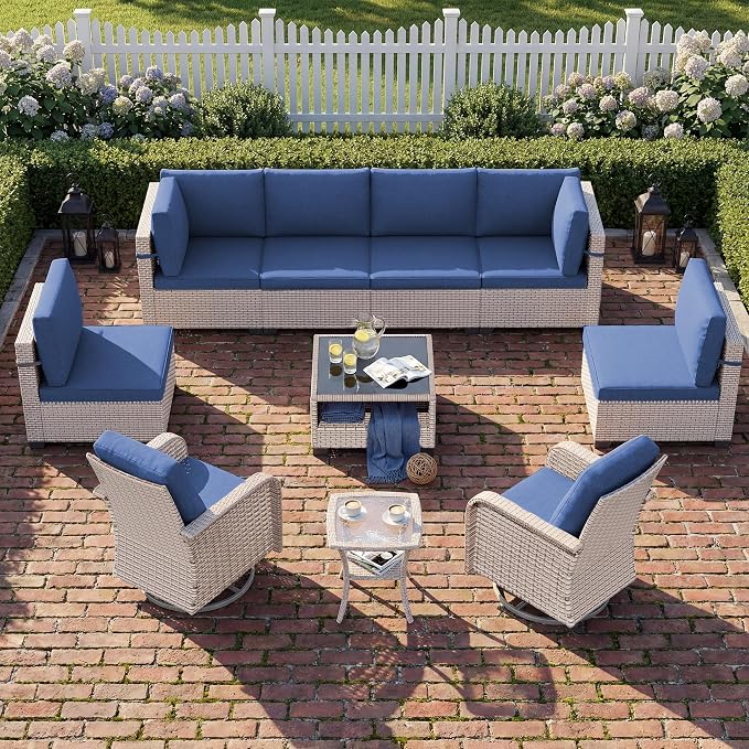 Patio Furniture Set, 10-Piece Outdoor Sectional Sofa with Swivel Rocker Chairs & 2-Layer Glass Coffee Table, Wicker Patio Conversation Set with Blue Cushions