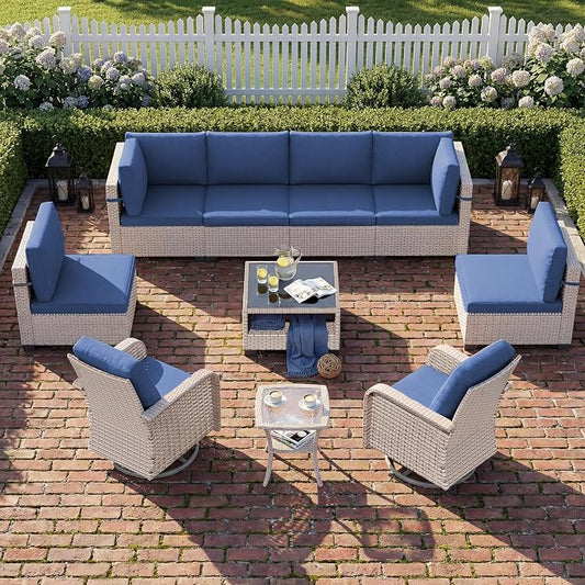 Patio Furniture Set, 10-Piece Outdoor Sectional Sofa with Swivel Rocker Chairs & 2-Layer Glass Coffee Table, Wicker Patio Conversation Set with Blue Cushions