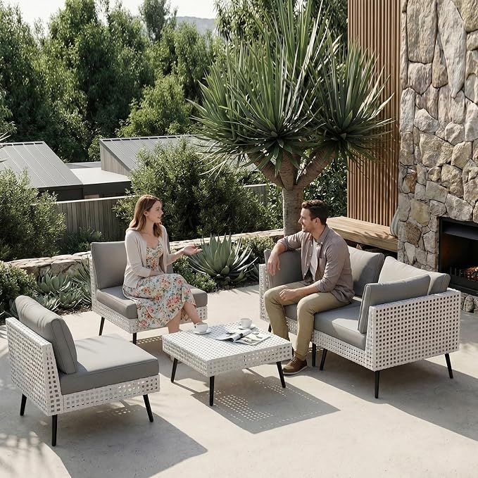 ENSTVER Modern High-End 5-Piece Wicker Patio Furniture Sets，Outdoor Patio Sectional with Thicken Cationic Fabric Cushions & Non-Slip Pad, Convertible Conversation Sets for Garden, Poolside, Backyard