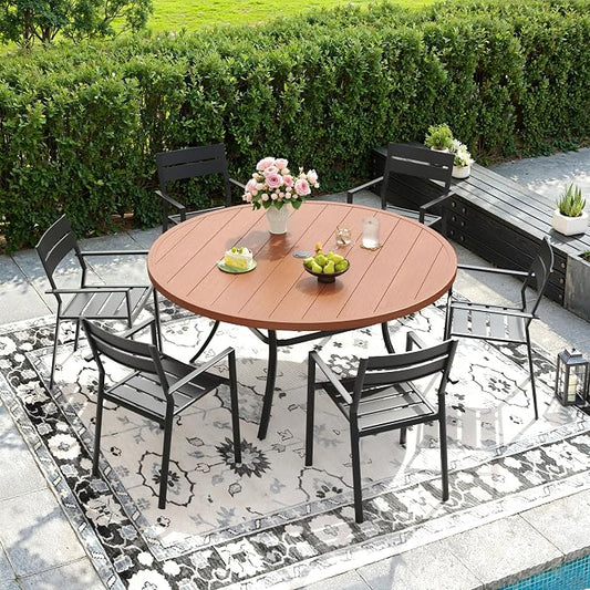 DIFY 7 Piece Outdoor Patio Dining Set for 6, Patio Table and Chairs Set with Umbrella Hole, 50" Round Dining Table and Stackable Metal Chairs for Backyard Garden Poolside, Walnut & Black