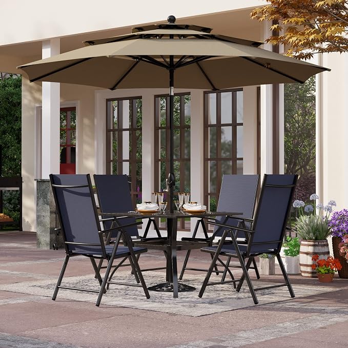 PHI VILLA Outdoor Dining Set with 10 Ft Beige Umbrella (No Base), Patio Table and Chairs Set for 4 with Blue Folding Chairs & Square Metal Table for Yard, Lawn and Outside