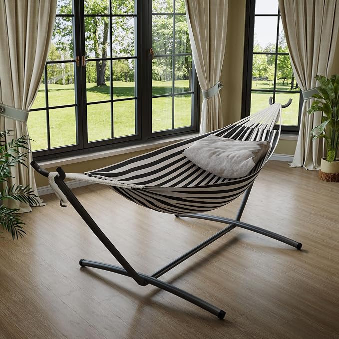 Heavy Duty Double Hammock with Steel Stand – 2 Person Cotton Hammock, 450lbs Capacity, Portable for Indoor Outdoor, Garden, Camping, Patio, with Carry Bag, Black