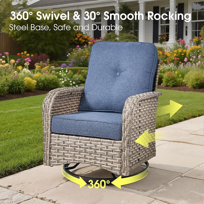 Wicker Patio Furniture Set with Fire Pit Table,9 Pieces Outdoor Sectional with Swivel Chairs Ottoman,Out Door Furniture Conversation Set,Denim Blue