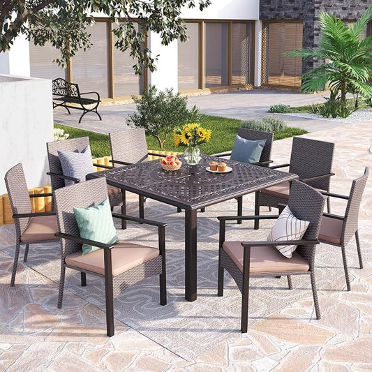 PHI VILLA Outdoor 9-Piece Cast Aluminum Dining Set for 8, Square Metal Dining Table with Umbrella Hole & Cushioned Wicker Rattan Chairs, Patio Dining Set