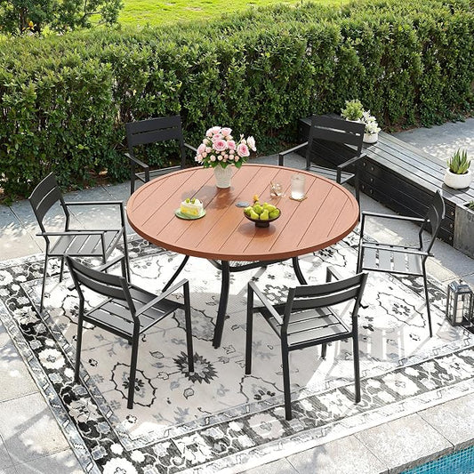DIFY 7 Piece Outdoor Patio Dining Set for 6, Patio Table and Chairs Set with Umbrella Hole, 47.2" Round Dining Table and Stackable Metal Chairs for Backyard Garden Poolside, Walnut & Black