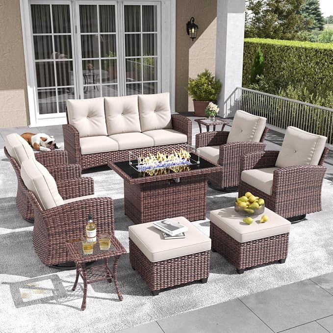 LayinSun 10 Pieces Patio Furniture Set with Swivel Chairs, Rattan Wicker Rocking Glide Chairs with 44" Propane Gas Fire Pit Table Conversation Set