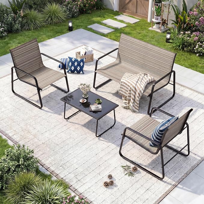 ALAULM 4 Pieces Outdoor Patio Furniture Set, Metal Patio Conversation Set with Easy Assembly Textilene Chairs & Glass Coffee Table for Garden, Backyard, Porch, Poolside-Brown