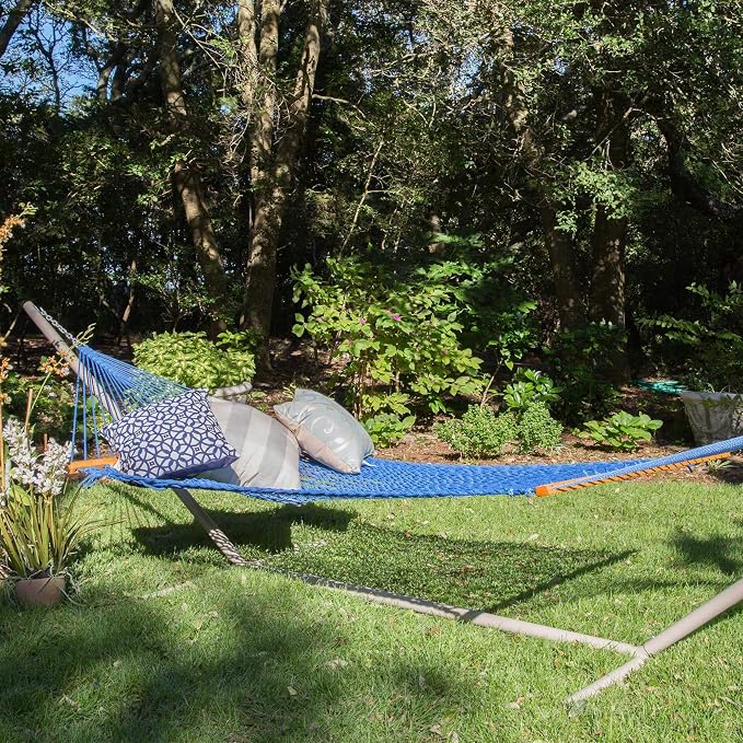 Nags Head Hammocks Admiral Coastal Blue DuraCord Rope Hammock – 13 ft. x 60 in., 2-Person, 450 lb Capacity, Cumaru Spreader Bar, Free Chains & Tree Hooks, Handcrafted in The USA