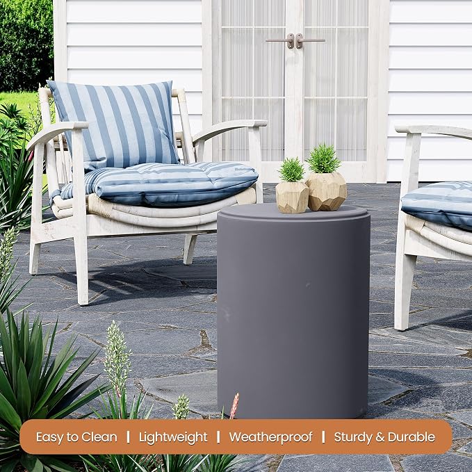 HOMPUS Outdoor Side Table Round, Concrete Lightweight MgO End Table, Patio Accent Coffee Table Garden Tool for Patio, Porch and Deck, Frosted Grey