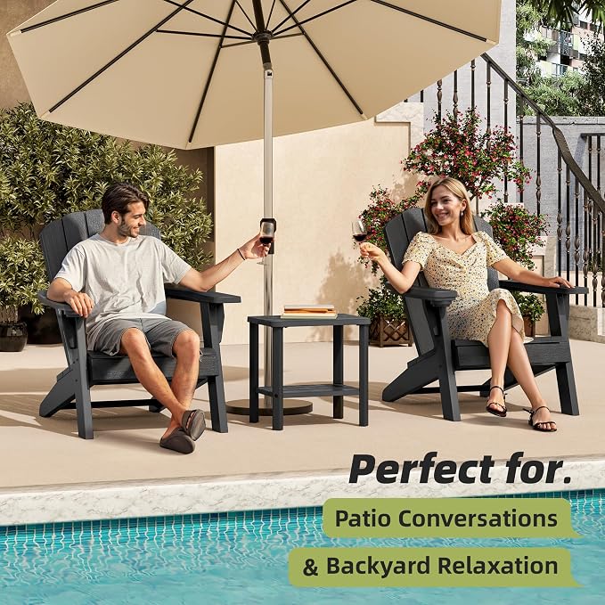 KAMABOKO Adirondack Outdoor Side Table Set of 2, 2-Tier HDPE End Table 16" Weatherproof Square Storage Tables for Porch Patio Pool Backyard Lawn and Indoor, Black with Wood-Like Grain