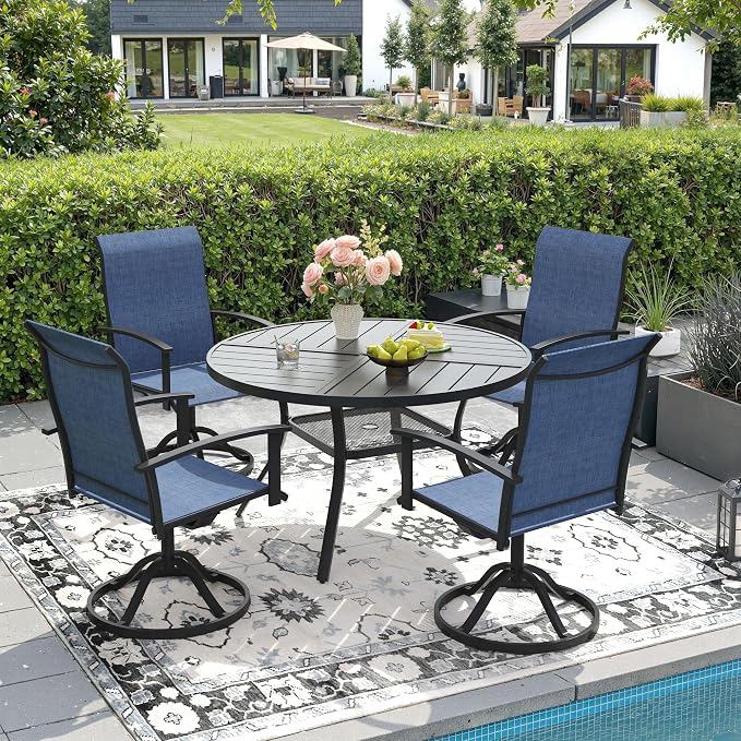 DIFY 5 Pieces Outdoor Dining Set, Metal Patio Table and Chairs Set for 4 with Umbrella Hole, 40.6" Black Round Table and Blue Textilene Swivel Patio Chairs for Garden, Backyard, Poolside