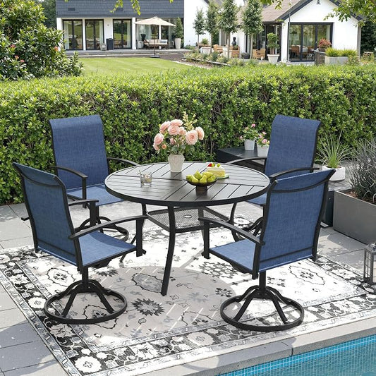 DIFY 5 Pieces Outdoor Dining Set, Metal Patio Table and Chairs Set for 4 with Umbrella Hole, 40.6" Black Round Table and Blue Textilene Swivel Patio Chairs for Garden, Backyard, Poolside