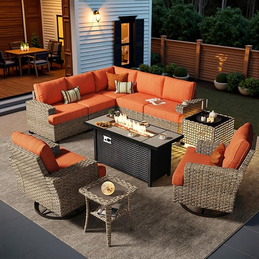 HOOOWOOO Sectional Patio Furniture Set with Fire Pit Table,10 Pieces Wicker Outdoor Furniture L Shaped Couch,Outside Conversation Set Extra Deep Seat Sofa Wide Arm Swivel Chairs Solar Table,Brick Red
