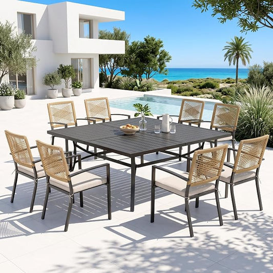 PHI VILLA 9pc Patio Dining Set, 57" Square Table, Wicker Chairs | Outdoor Dining Set for 8, Square Patio Dining Table Set with Patio Wicker Chairs for Garden, Porch, Backyard, Deck