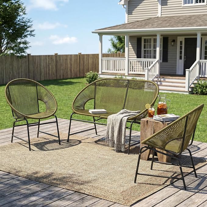 Christopher Knight Home Dessa 3 Piece Patio Furniture Set, Patio Wicker Accent Chair Set of 2 and Loveseat, Metal Frame 4 Seater Outdoor Papasan Lounge Chair Set, PE Rattan Outdoor Bistro Set, Green