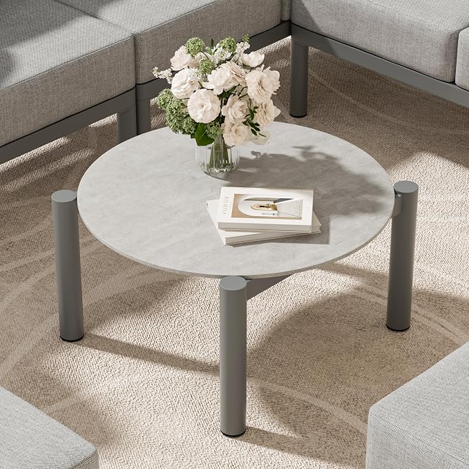 Patio Coffee Table, Aluminum Outdoor Round Table Weather Resistant, Patio Furniture Table for Garden, Balcony, Poolside, Gray