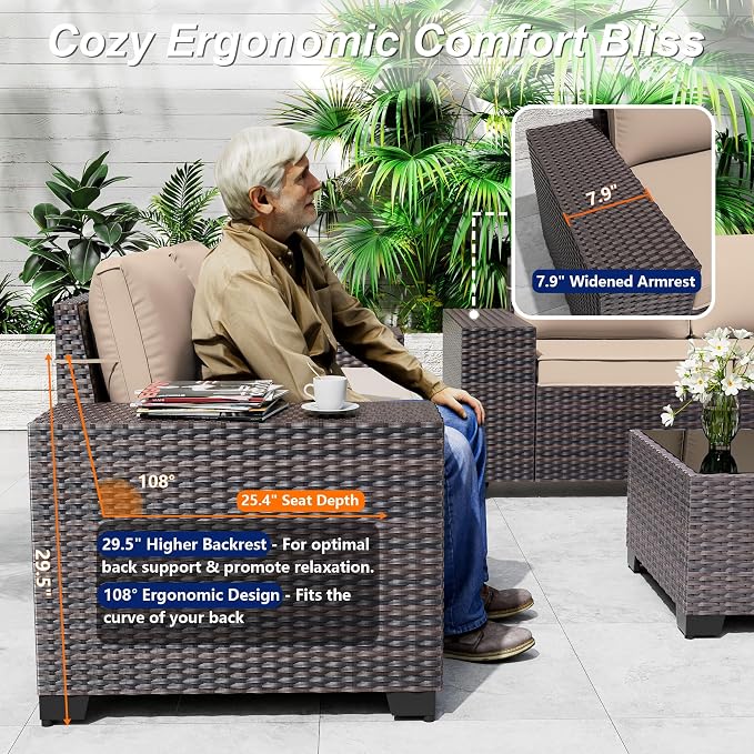 Outdoor Patio Furniture Set, 12 Pieces Outdoor Sectional Furniture High Backrest Patio Sofa, All-Weather PE Rattan Patio Conversation Set with Coffee Table & Cushions(Brown).
