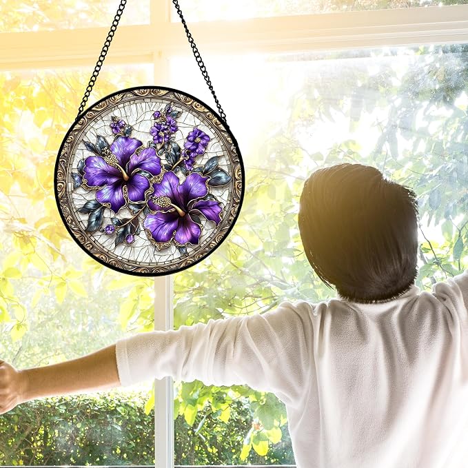DASTOLL Stained Glass Window Hanging, Purple Flowers Romantic Suncatcher for Doors Home Sun Catchers Decoration and Christmas, Mother's Day Birthday Gifts for Women, Men, and Mom 9.8 in