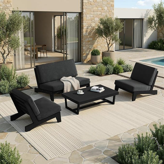 4 Piece Teak Outdoor Patio Frutnire Set, 4 Seater Patio Conversation Sets with Thick Cushions, Outdoor Sectional Furniture with Coffee Table - Dark Gray