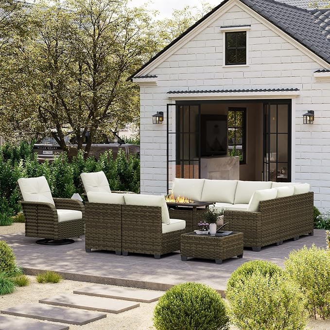 LazySunsets Luxury Patio Furniture Set with Fire Pit Table，All-Weather Patio Sectional Sofas with Thickened Cushions, 13 Piece Outdoor Furniture Sectional Set with Swivel Rocker Chairs of 2，Beige