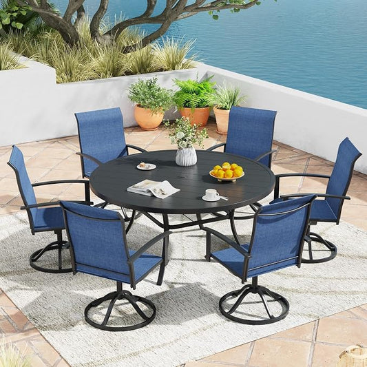 7 Pieces Outdoor Patio Dining Table Set, 53" All Weather Round Metal Table with Umbrella Hole and 6 High Back Textilene Swivel Chairs for Garden, Lawn, Poolside, Black Table & Blue Chairs