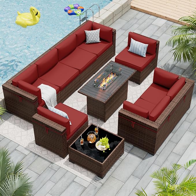Patio Furniture Set with 44'' Propane Gas Firepit Table, 10 PCS Modular Outdoor Sectional Conversation Sets, All-Weather Wicker Patio Set for Backyard, Wine (Waterproof Covers Included)