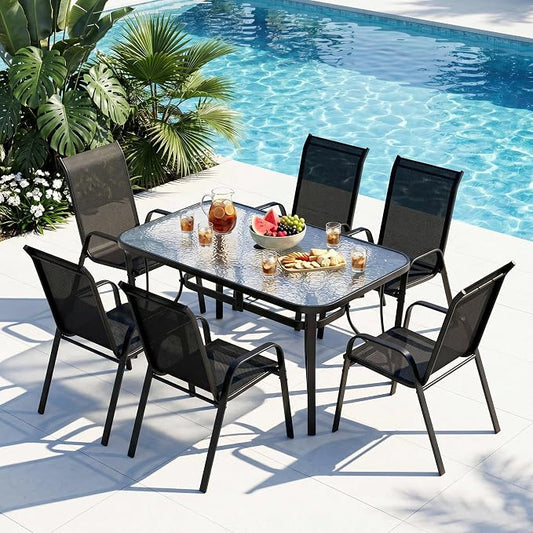 Arlopu 7-Piece Outdoor Table and Chairs for 6, Outdoor Dining Set W/Rectangle Glass Table and 6 Patio Textilene Stackable Chairs, Patio Furniture Set W/Umbrella Hole (Black Table & Black Chair)