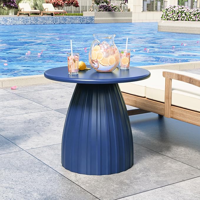 Round Metal Outdoor Patio Side Table, Steel Outdoor Accent Table, Small Patio End Table, for Garden, Pool, Yard, Balcony, Living Room, Deck, Weather Resistant, No Assembly, Blue