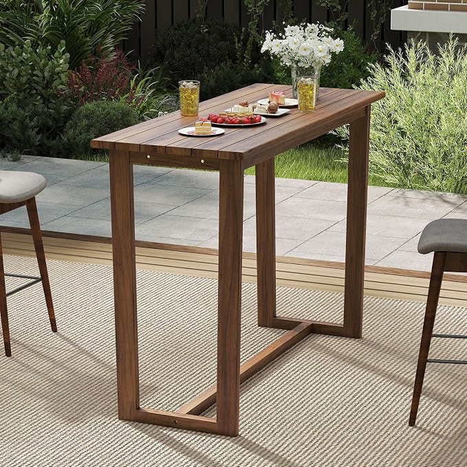 Tangkula 59 Inch Outdoor Bar Table, Teak Wood Rectangle Patio Bar Height Pub Table with Slatted Top, for Balcony, Garden and Poolside
